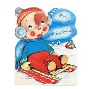 Vintage Greeting Card Dog Puppy Riding Sled Diecut Merry Christmas Holiday